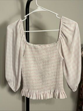 June & Ivy Smocked Square-Neck Peasant Top - Light Pink Gingham Small